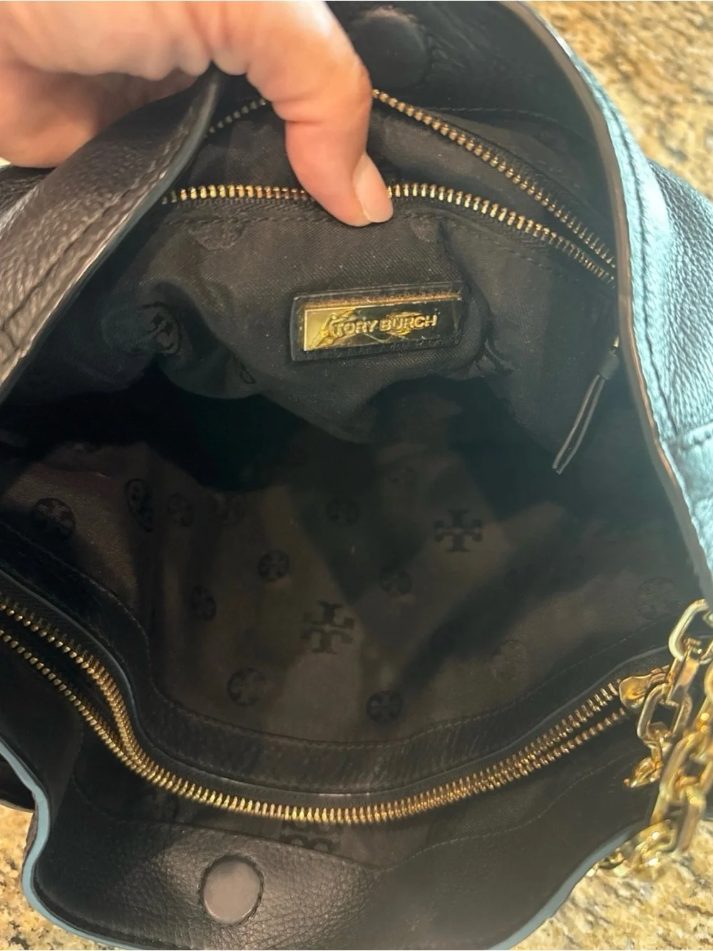 Tory Burch Black Leather Shoulder Tote with Gold Hardware